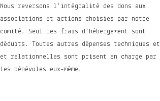 Nous reversons l'intégralité des dons aux associations et actions choisies par notre comité. Seul les frais d'hébergement sont déduits. Toutes autres dépenses techniques et et relationnelles sont prisent en charge par les bénévoles eux-même.